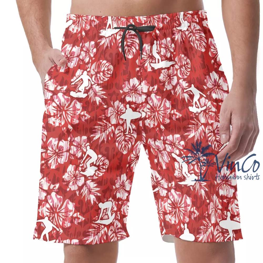 Red Surfing Aloha Shirt Set For Men