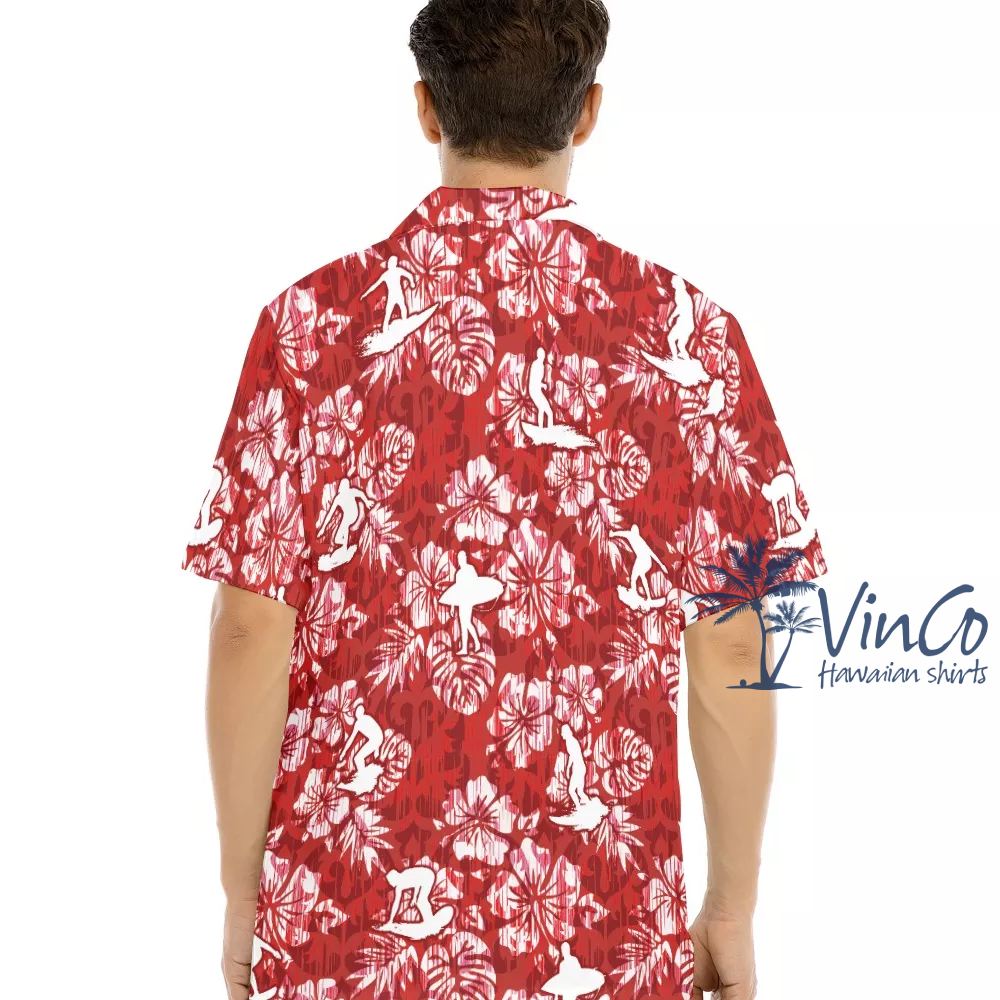 Red Surfing Aloha Shirt Set For Men