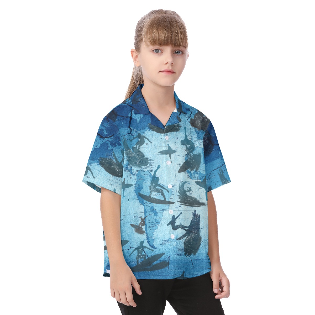 Cool Surfing Map Blue Hawaiian Shirt For Kids