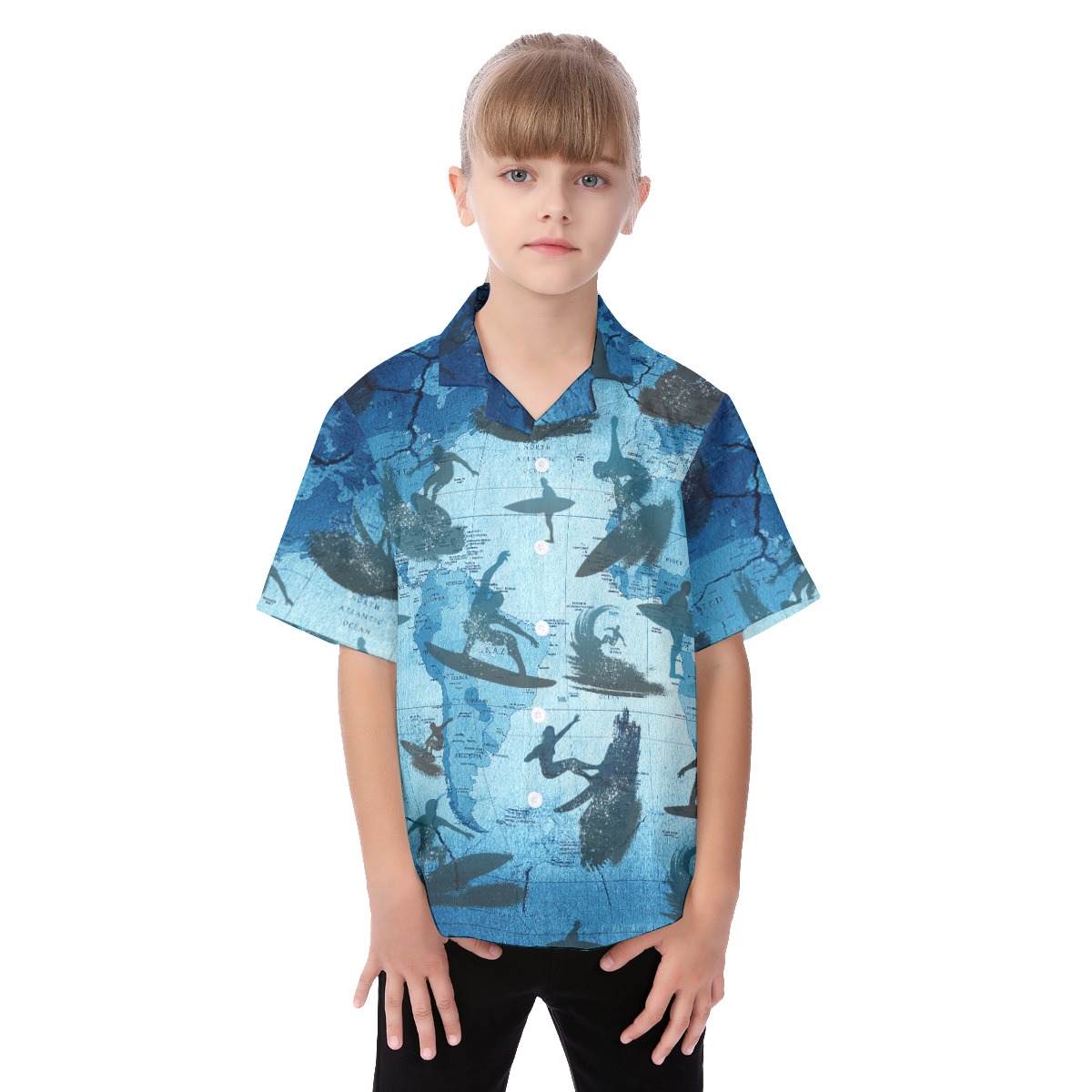Cool Surfing Map Blue Hawaiian Shirt For Kids