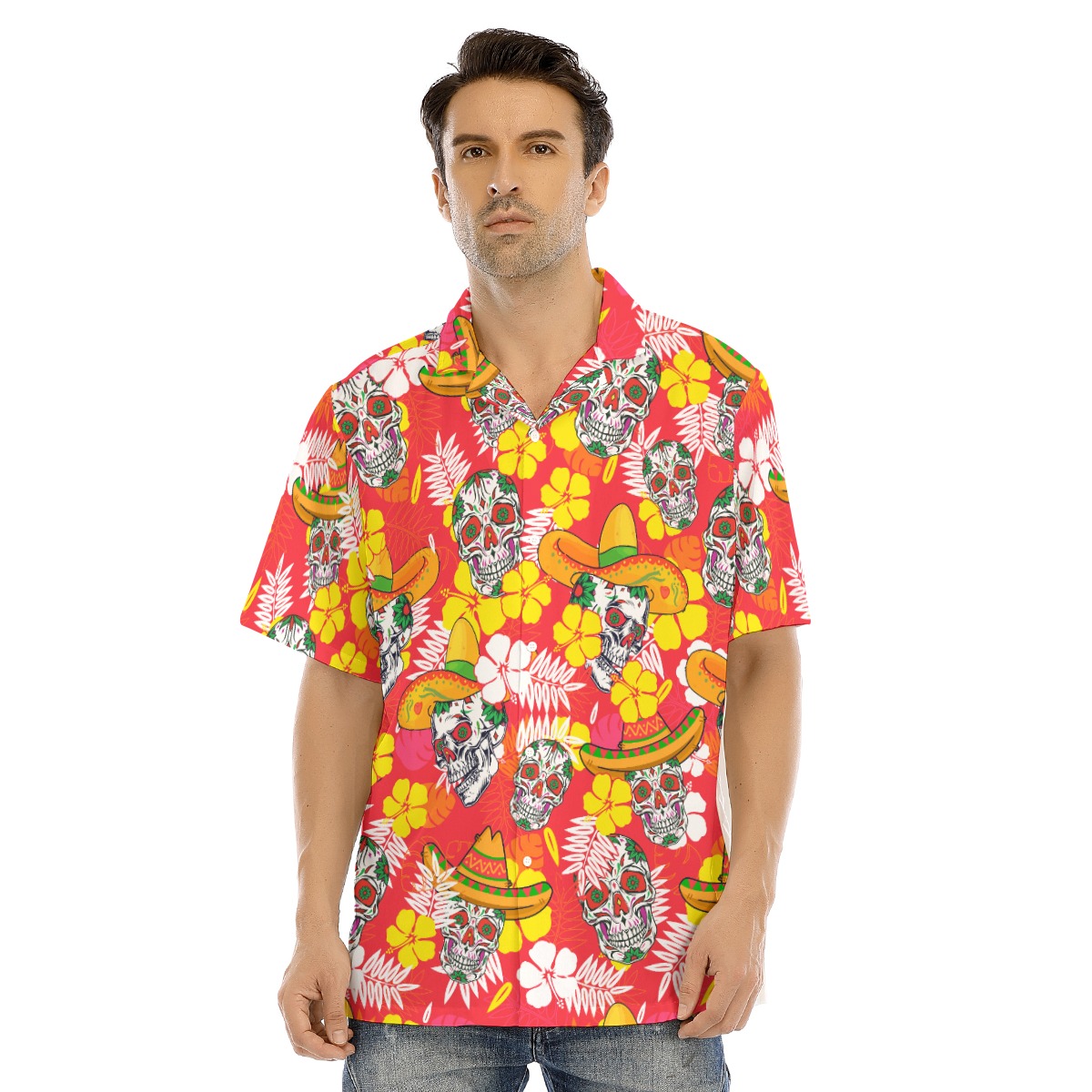 Skull Red Hawaiian Shirt With Button For Men - variant image 1