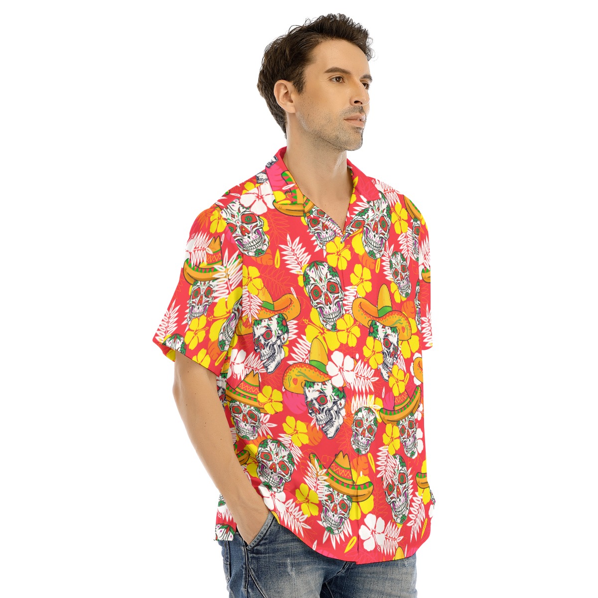 Skull Red Hawaiian Shirt With Button For Men