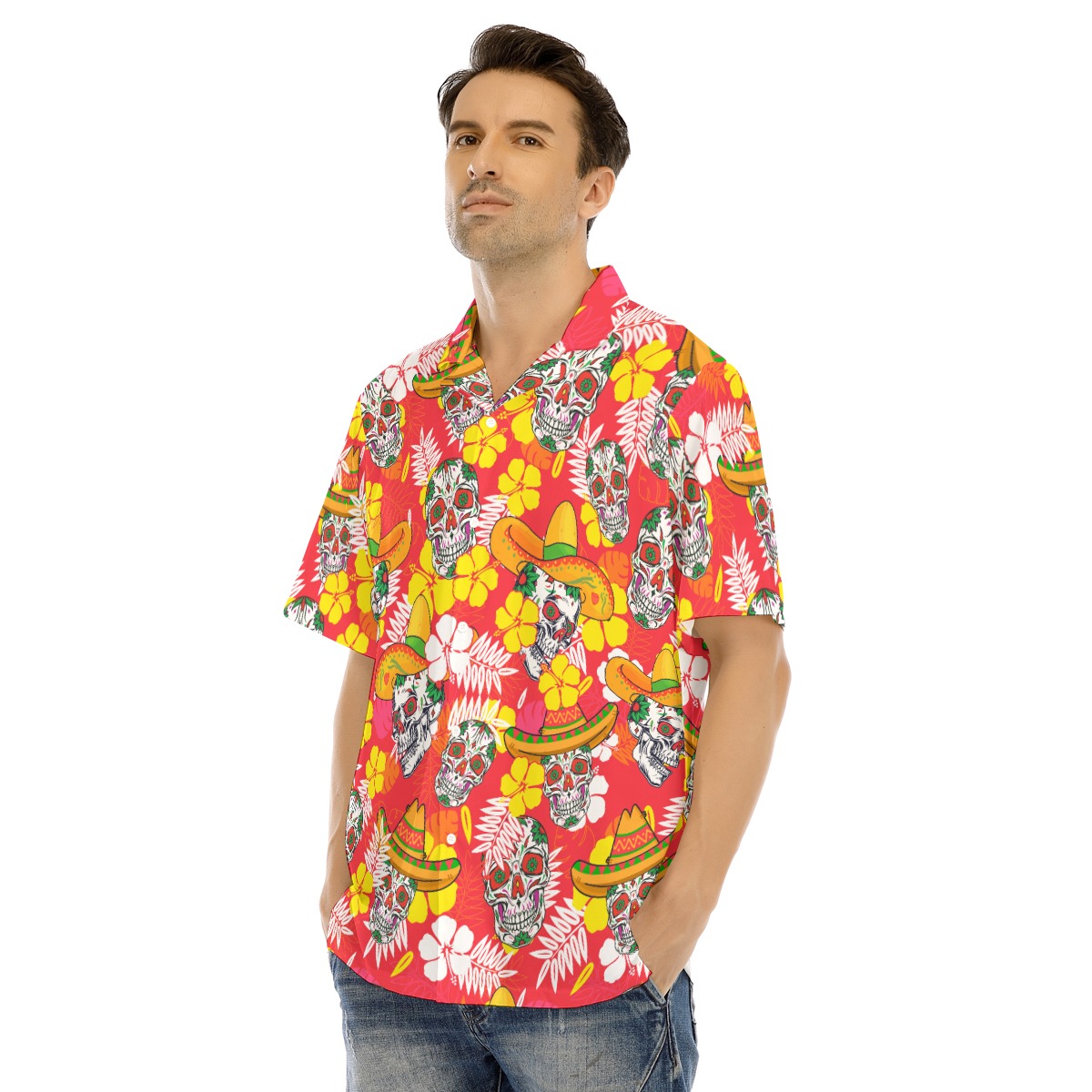 Skull Red Hawaiian Shirt With Button For Men
