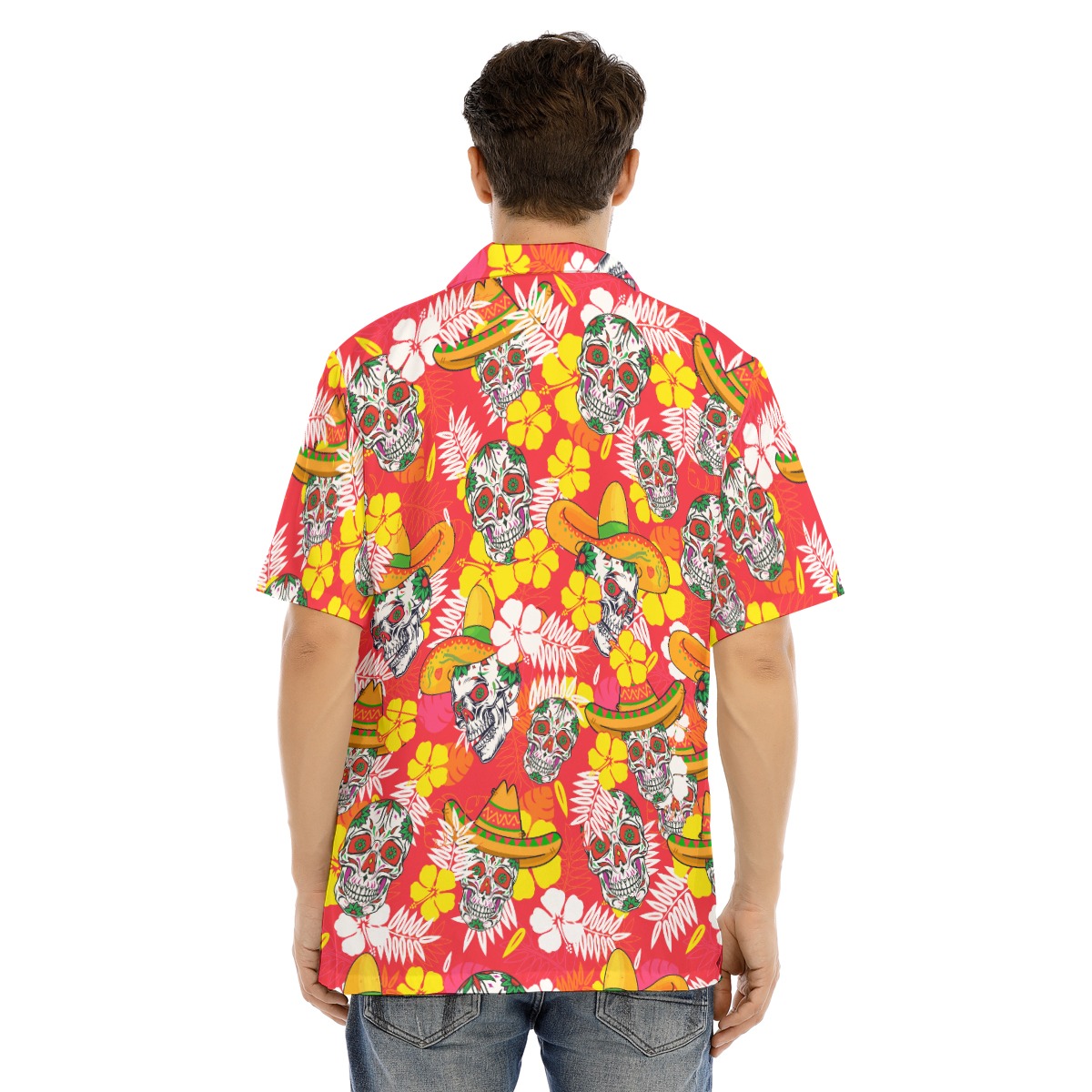 Skull Red Hawaiian Shirt With Button For Men