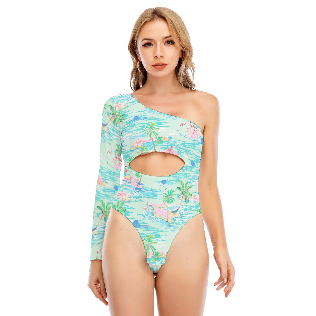 Flamingo Women's Long-sleeved Waist-cut Bodysuit With One-sleeve