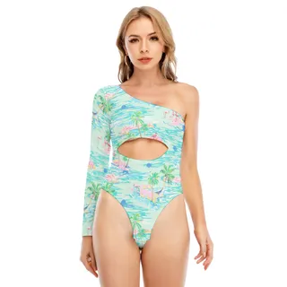 Flamingo Women's Long-sleeved Waist-cut Bodysuit With One-sleeve