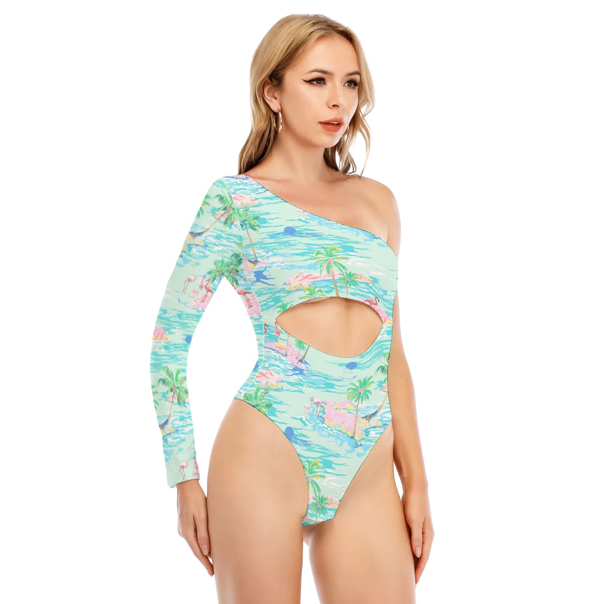Flamingo Women's Long-sleeved Waist-cut Bodysuit With One-sleeve