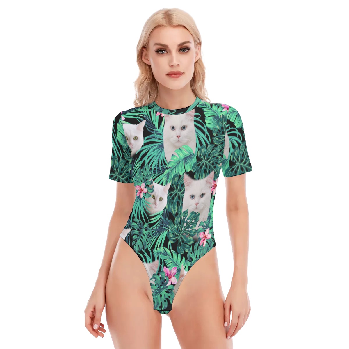 White Cat Women's O-neck Short Sleeve Bodysuit