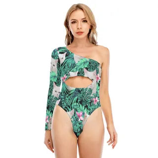 White Cat Women's Long-sleeved Waist-cut Bodysuit With One-sleeve