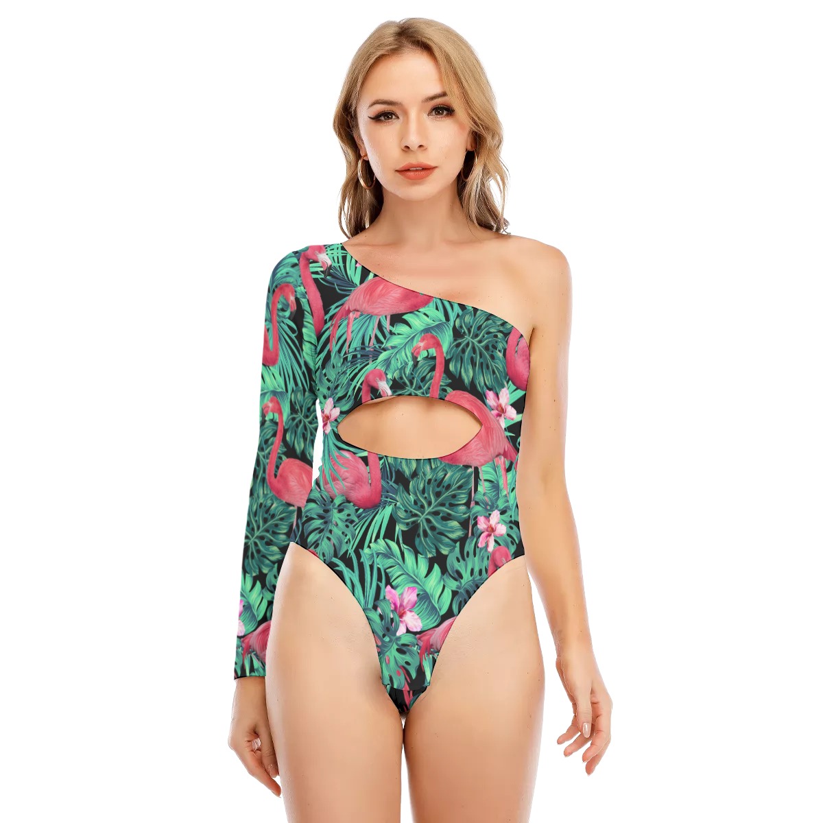 Flamingo Women's Long-sleeved Waist-cut Bodysuit With One-sleeve