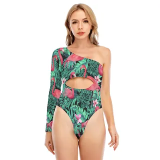 Flamingo Women's Long-sleeved Waist-cut Bodysuit With One-sleeve