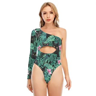 Black Cat Women's Long-sleeved Waist-cut Bodysuit With One-sleeve