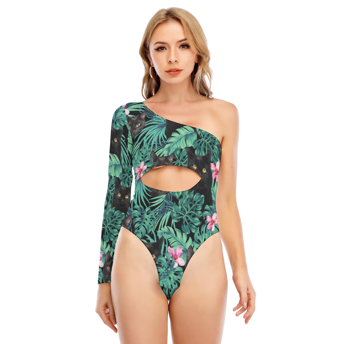 Black Cat Women's Long-sleeved Waist-cut Bodysuit With One-sleeve - variant image 1