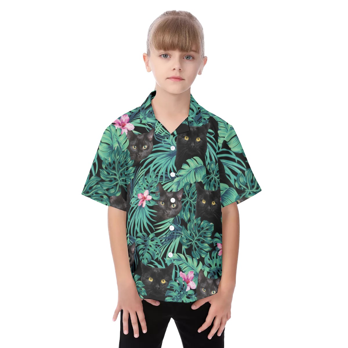 Black Cat Hawaiian Shirt For Kids