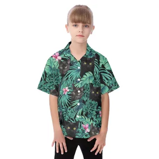 Black Cat Hawaiian Shirt For Kids