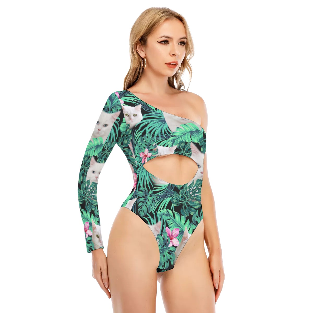 White Cat Women's Long-sleeved Waist-cut Bodysuit With One-sleeve