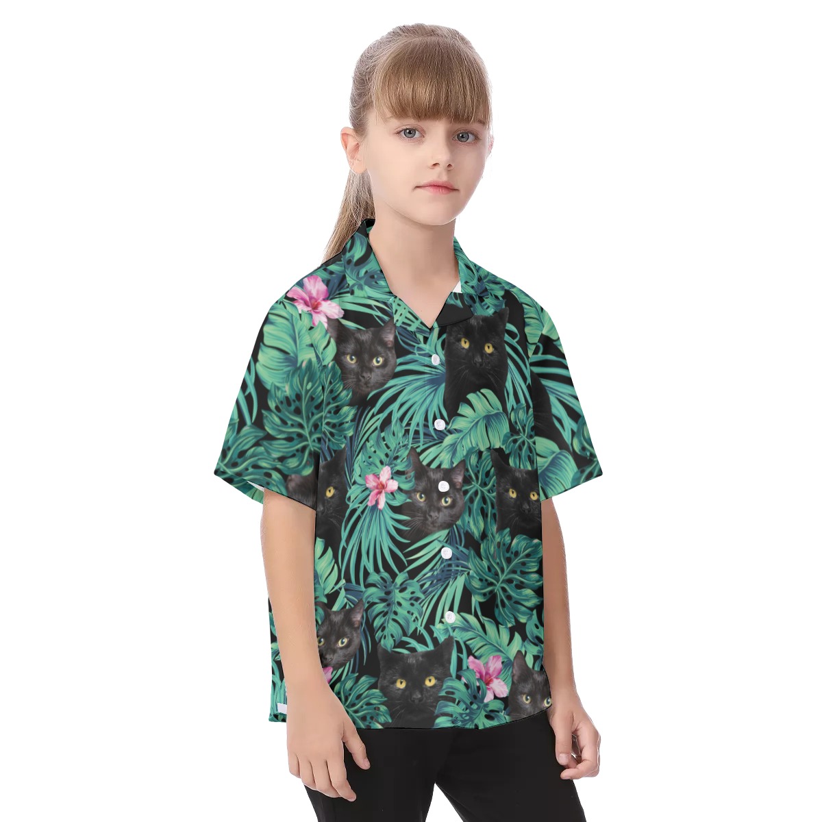 Black Cat Hawaiian Shirt For Kids