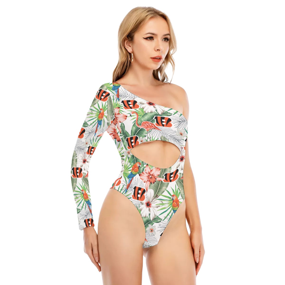Bengals Women's Long-sleeved Waist-cut Swimsuit With One-sleeve